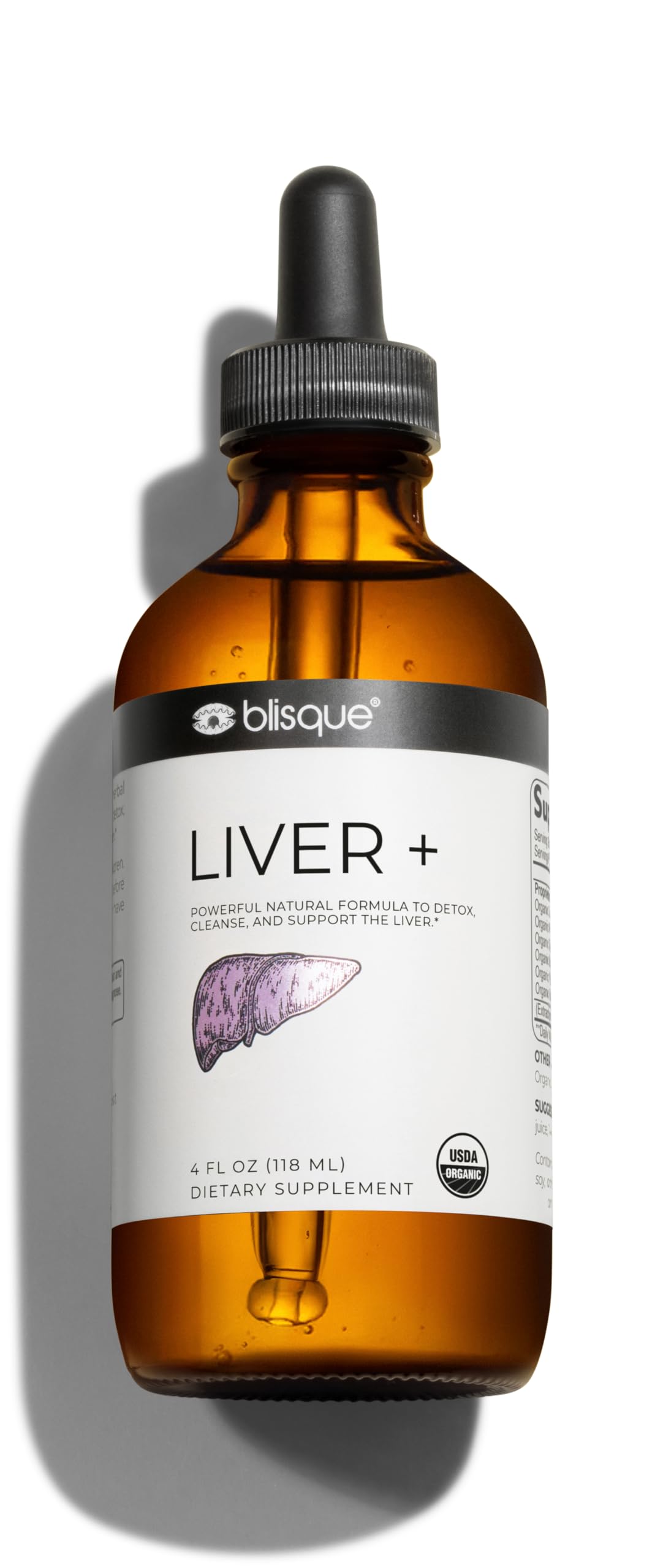 Blisque LIVER+ bottle label shows organic packaging and herbal detox support.