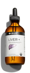 Blisque LIVER+ bottle label shows organic packaging and herbal detox support.