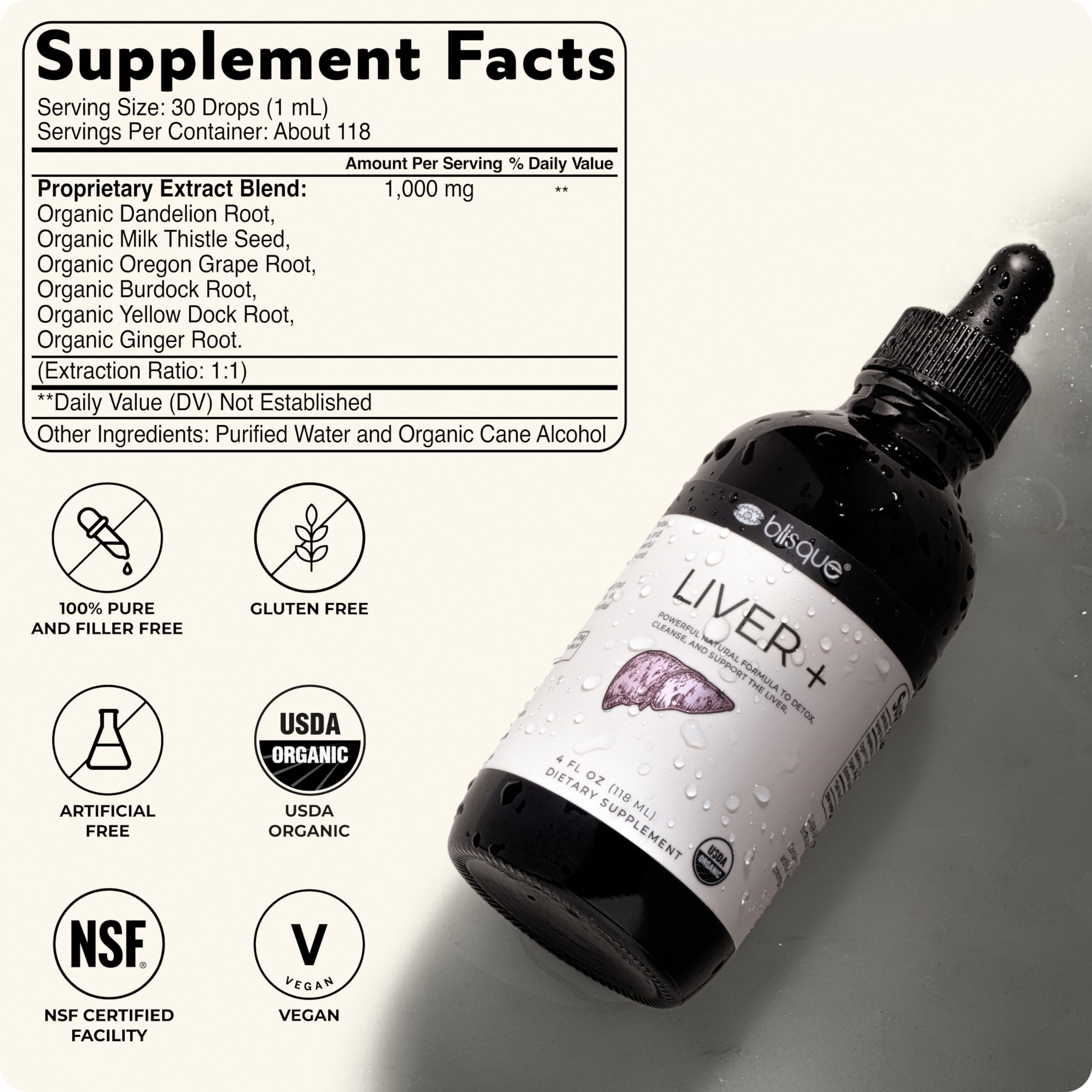 Blisque LIVER+ ginger, fennel, and bupleurum herbs highlight a plant-based wellness blend.