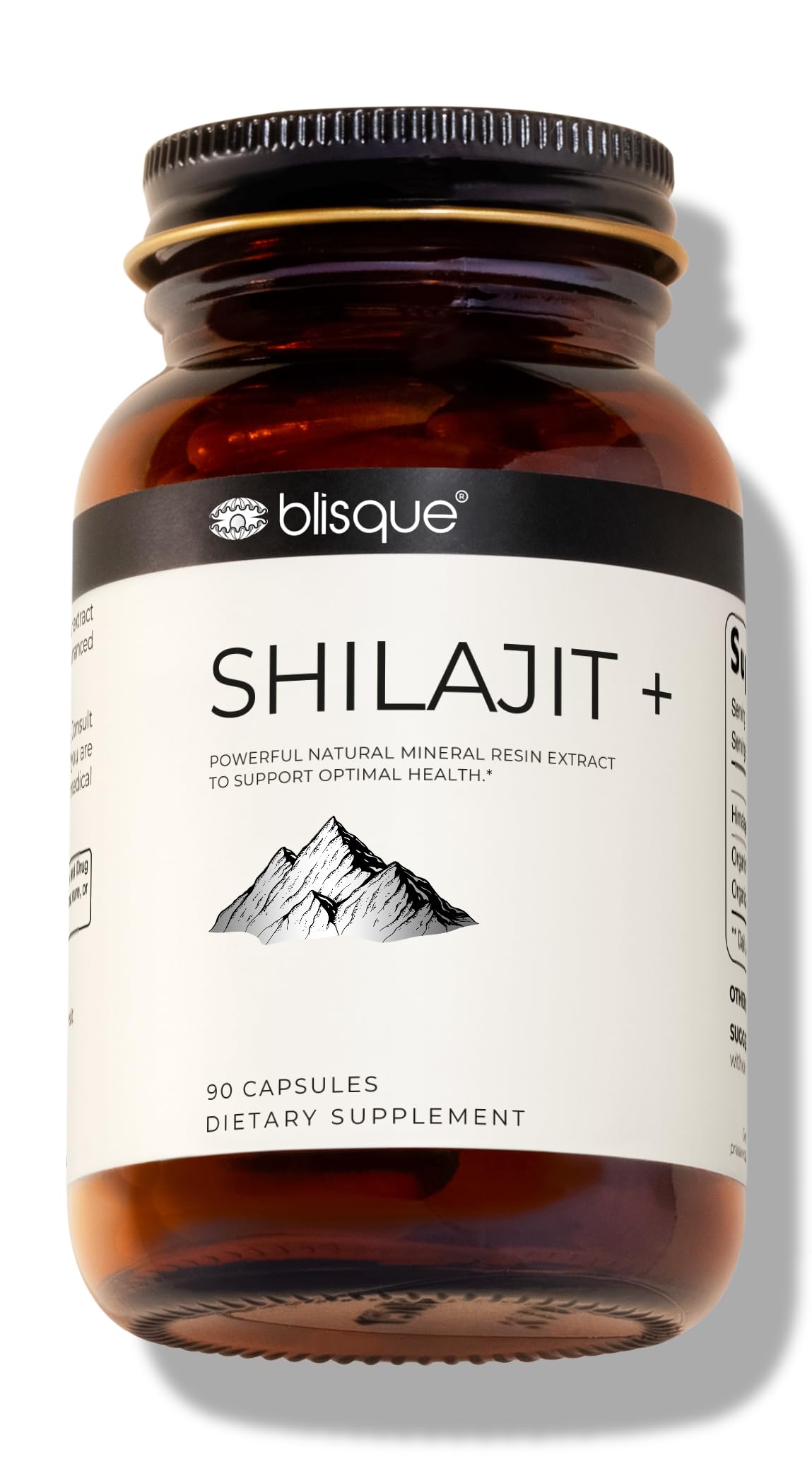 Blisque Shilajit capsules bottle front view for daily vitality and focus.
