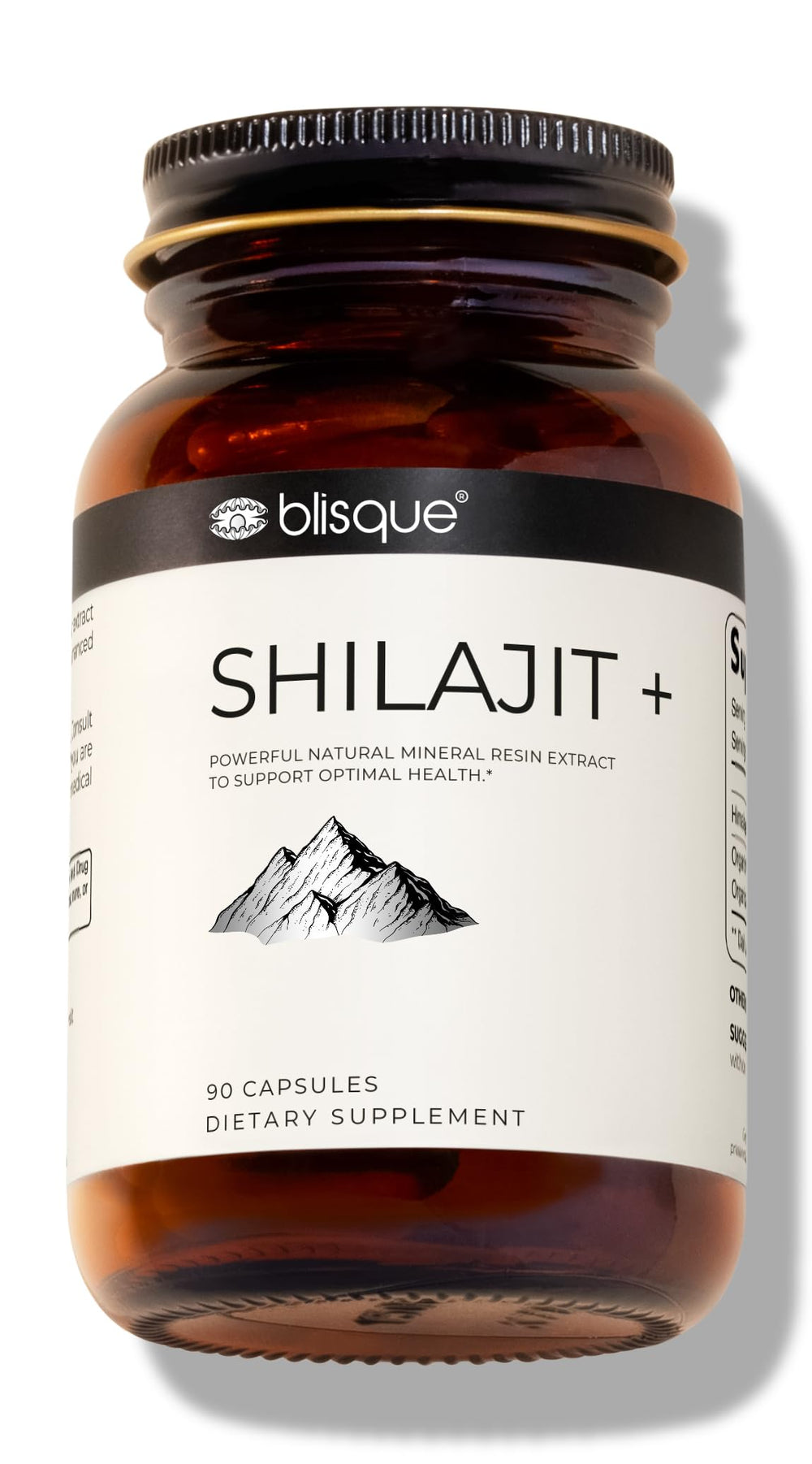 Blisque Shilajit capsules bottle front view for daily vitality and focus.