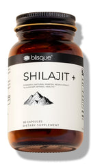Blisque Shilajit capsules bottle front view for daily vitality and focus.