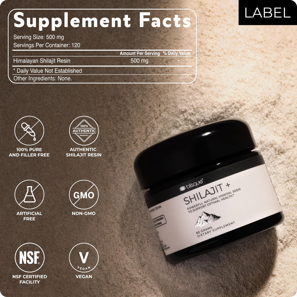 Blisque Shilajit resin amber glow suggesting natural energy support.
