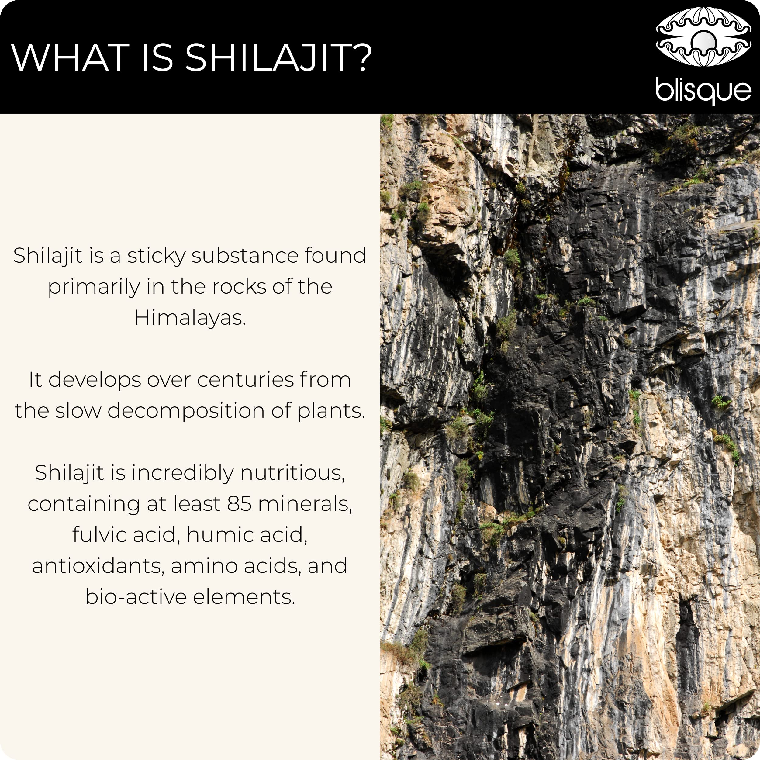 Blisque Shilajit resin mountain backdrop hinting at Himalayan origin.