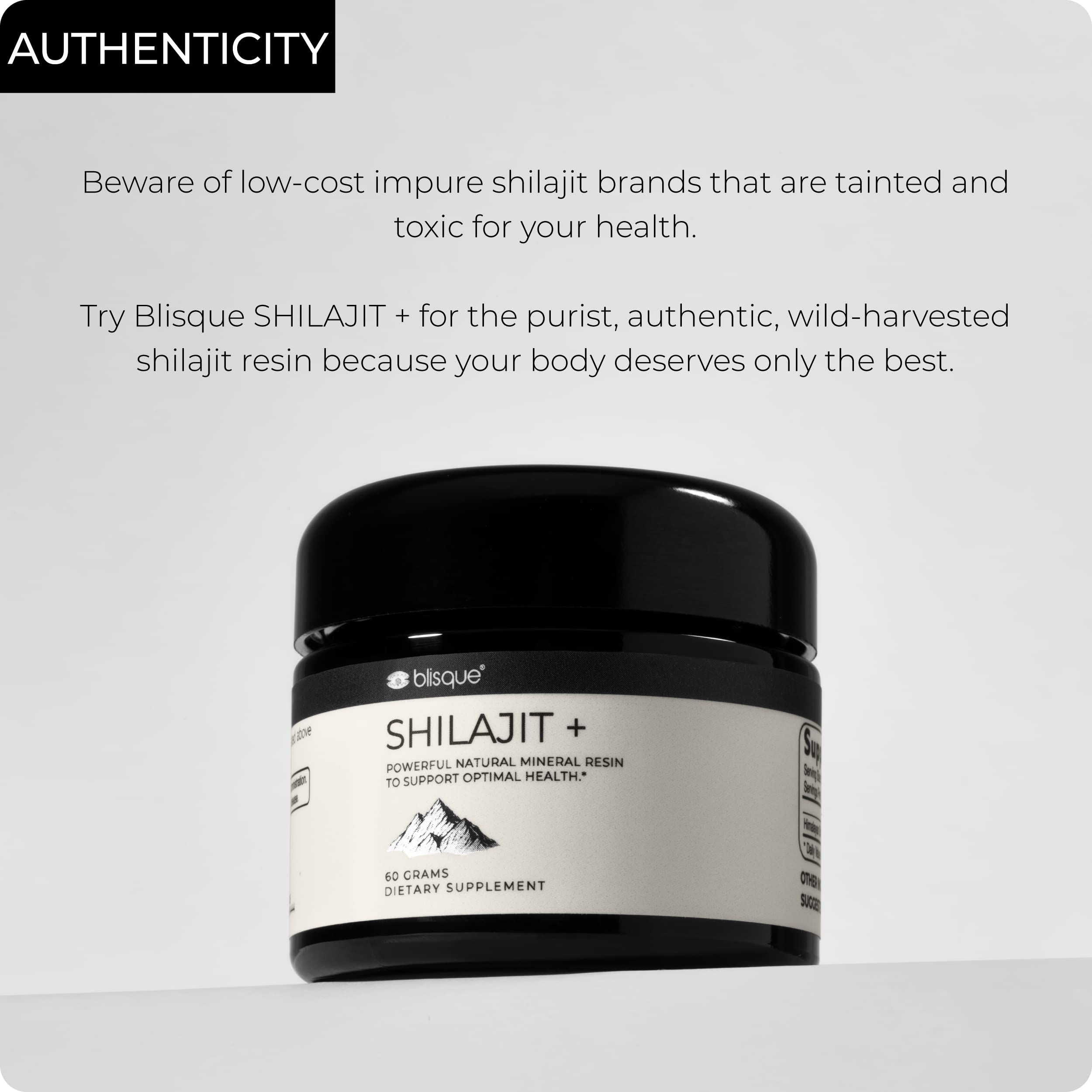 Blisque Shilajit resin packaging display conveying authenticity and purity.