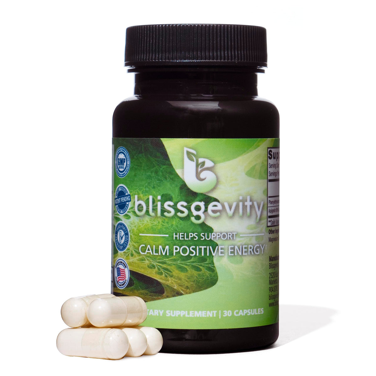 Blissgevity bottle front-label highlights mood-support formula for focus and calm.