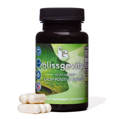 Blissgevity bottle front-label highlights mood-support formula for focus and calm.