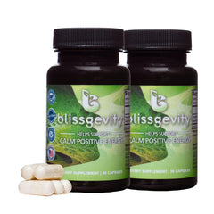 Blissgevity bottle front view highlighting the mood-support formula