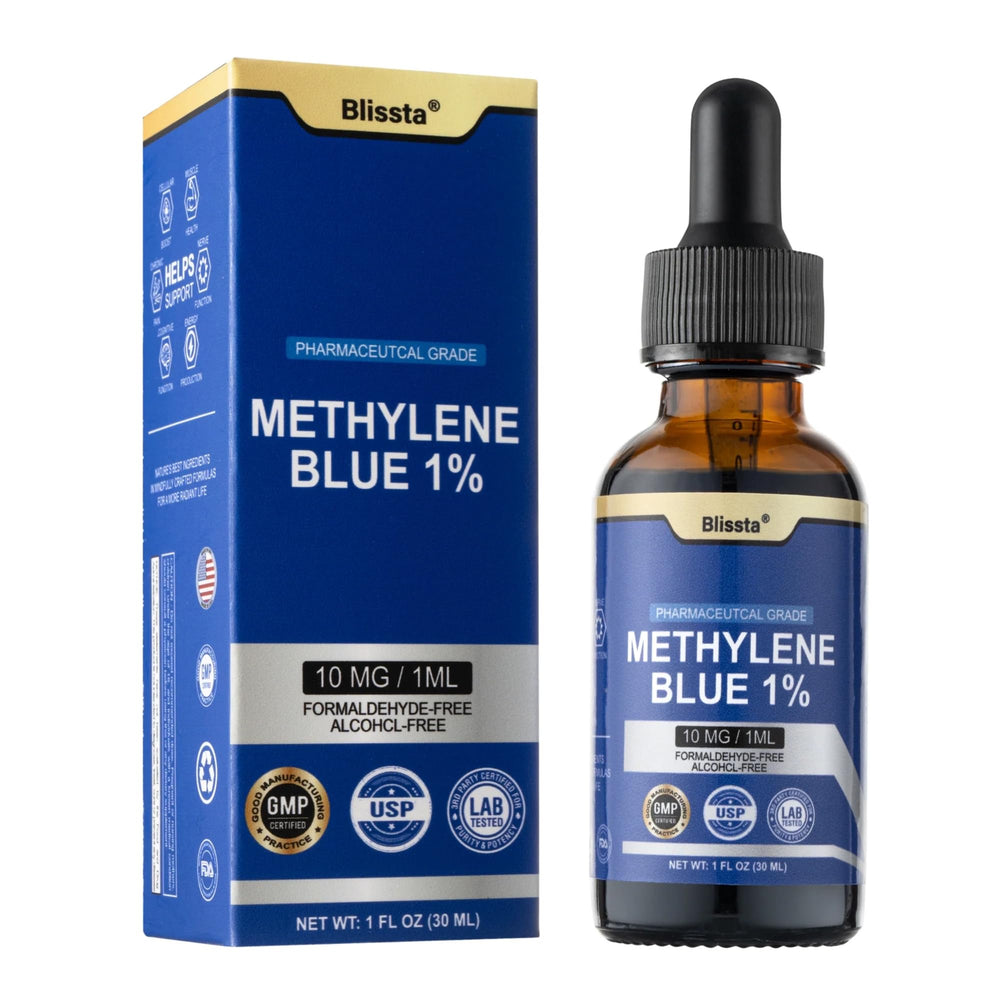 Blissta Methylene Blue 1% bottle front showing high-purity cognitive support.