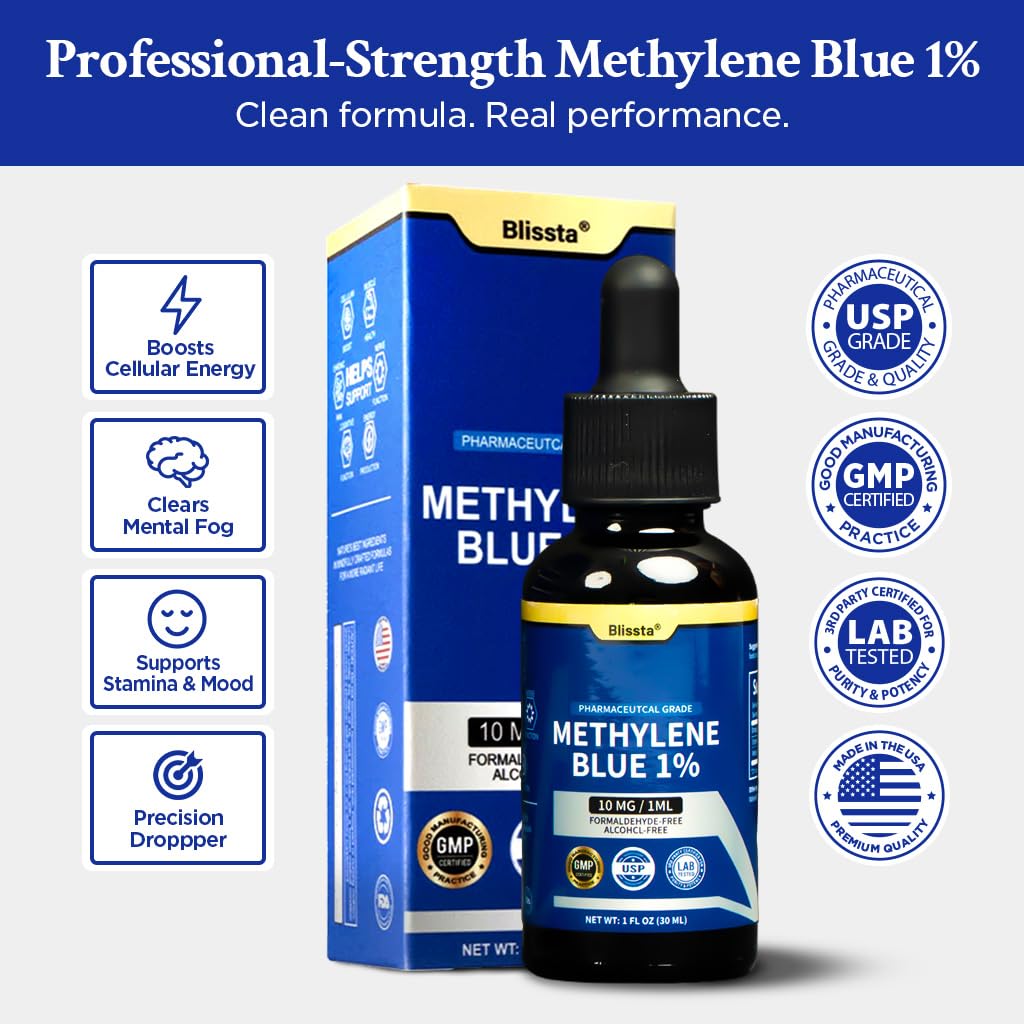 Blissta Methylene Blue 1% bottle label highlights USP-grade purity and safety.