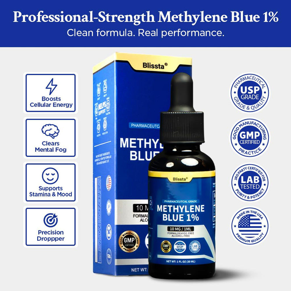 Blissta Methylene Blue 1% bottle label highlights USP-grade purity and safety.
