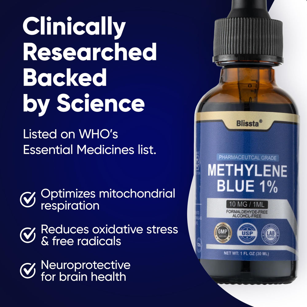 Blissta Methylene Blue 1% bottle displaying updated lab results seal.
