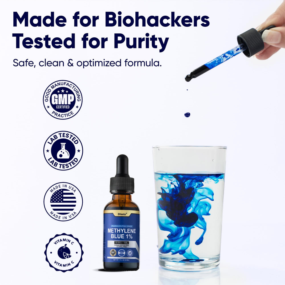 Blissta Methylene Blue 1% UV-protected glass bottle preserves potency.
