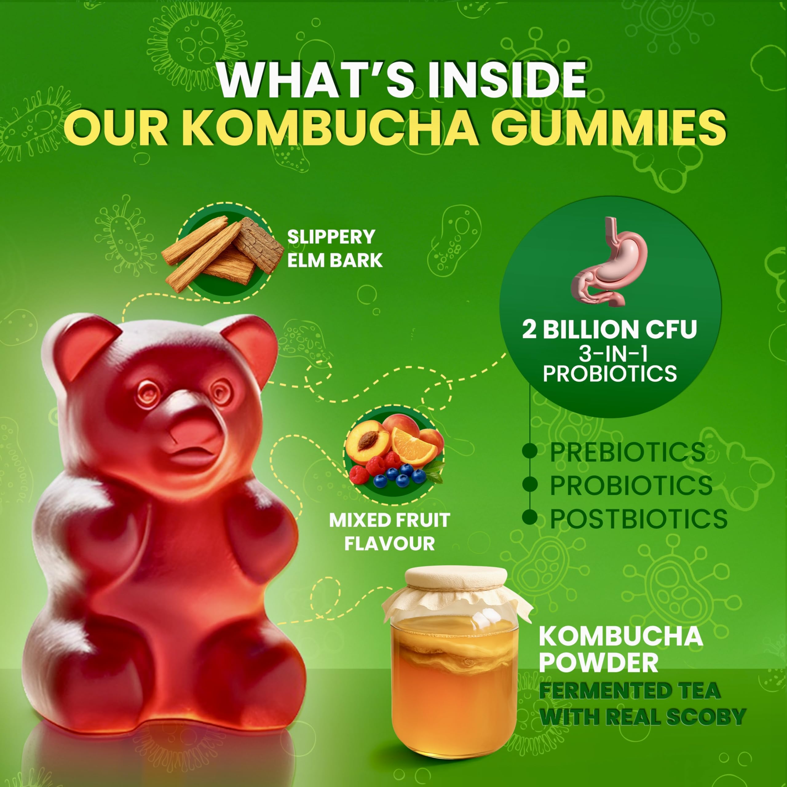 BLIVA Nutrition kombucha gummies product image with mixed-fruit flavor and SCOBY