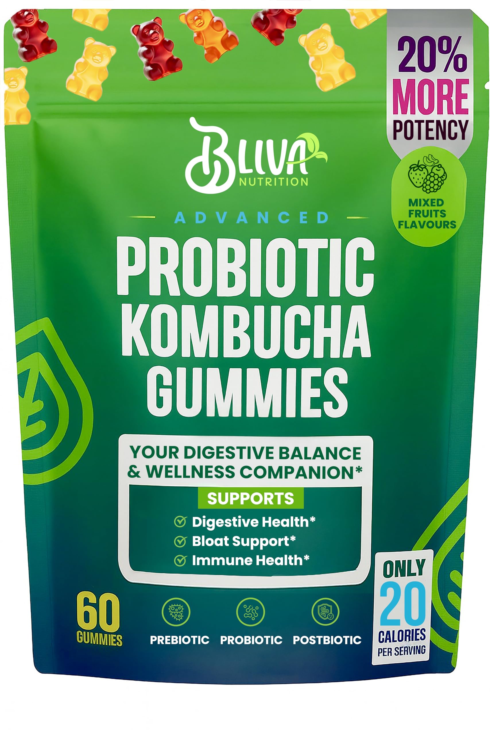BLIVA Nutrition probiotic kombucha gummies bottle front showing gut-friendly daily support
