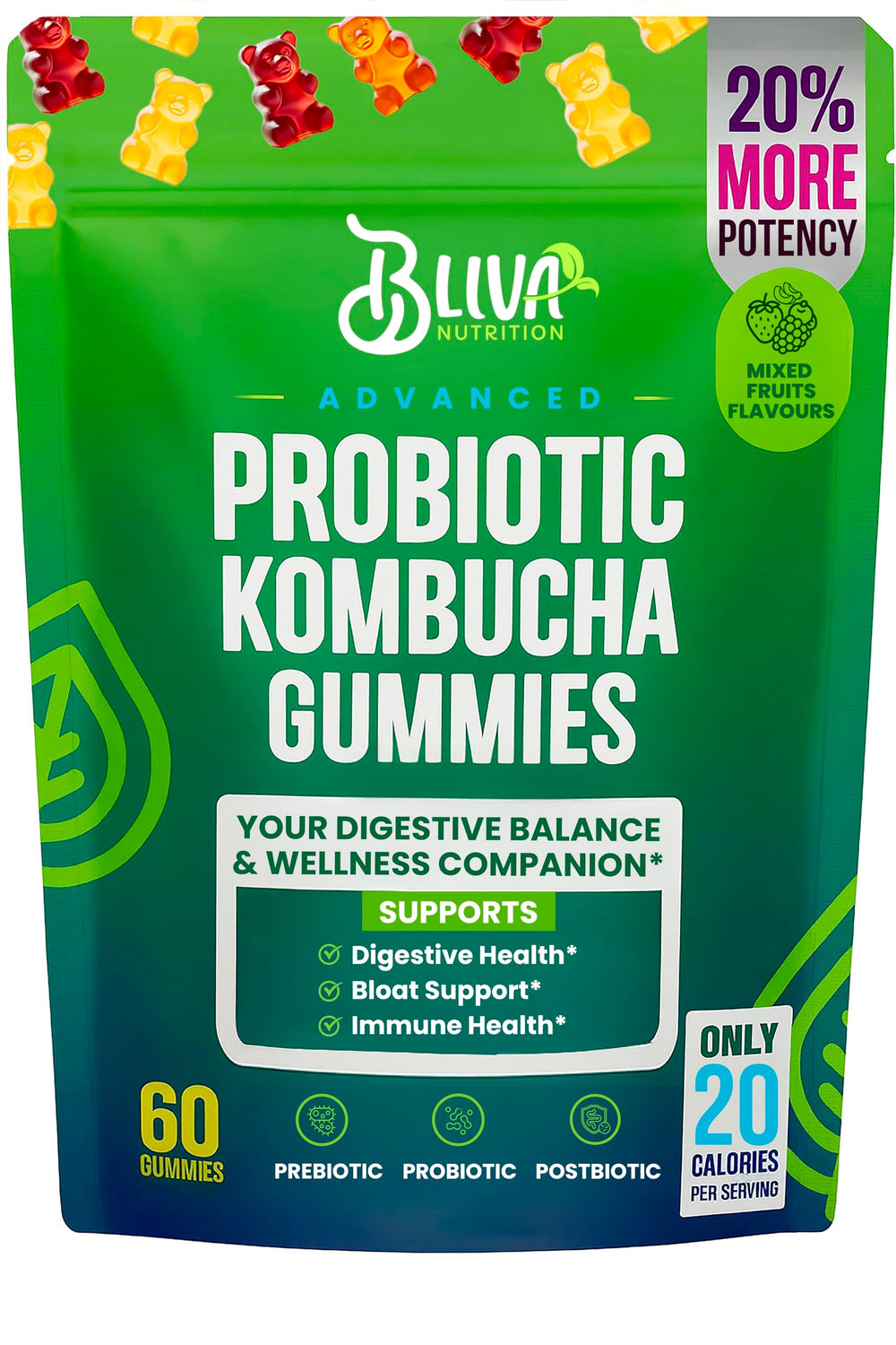 BLIVA Nutrition probiotic kombucha gummies bottle front showing gut-friendly daily support
