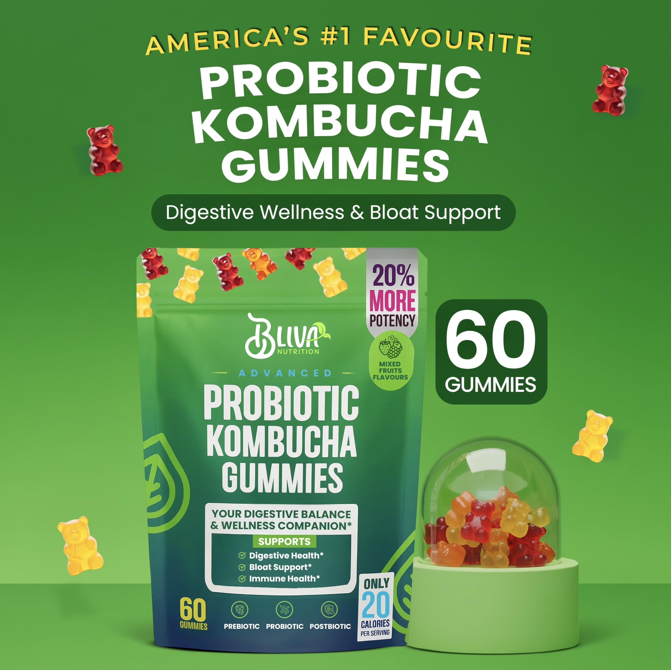 BLIVA Nutrition gummies label close-up highlighting prebiotics and postbiotics for digestion