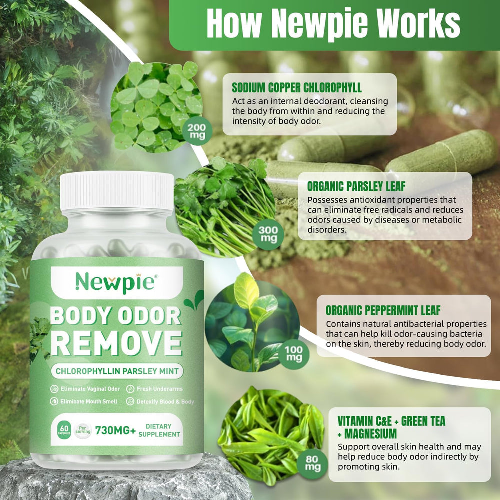 Blltzzz Newpie capsules close-up highlights chlorophyllin-based deodorization inside the capsule.