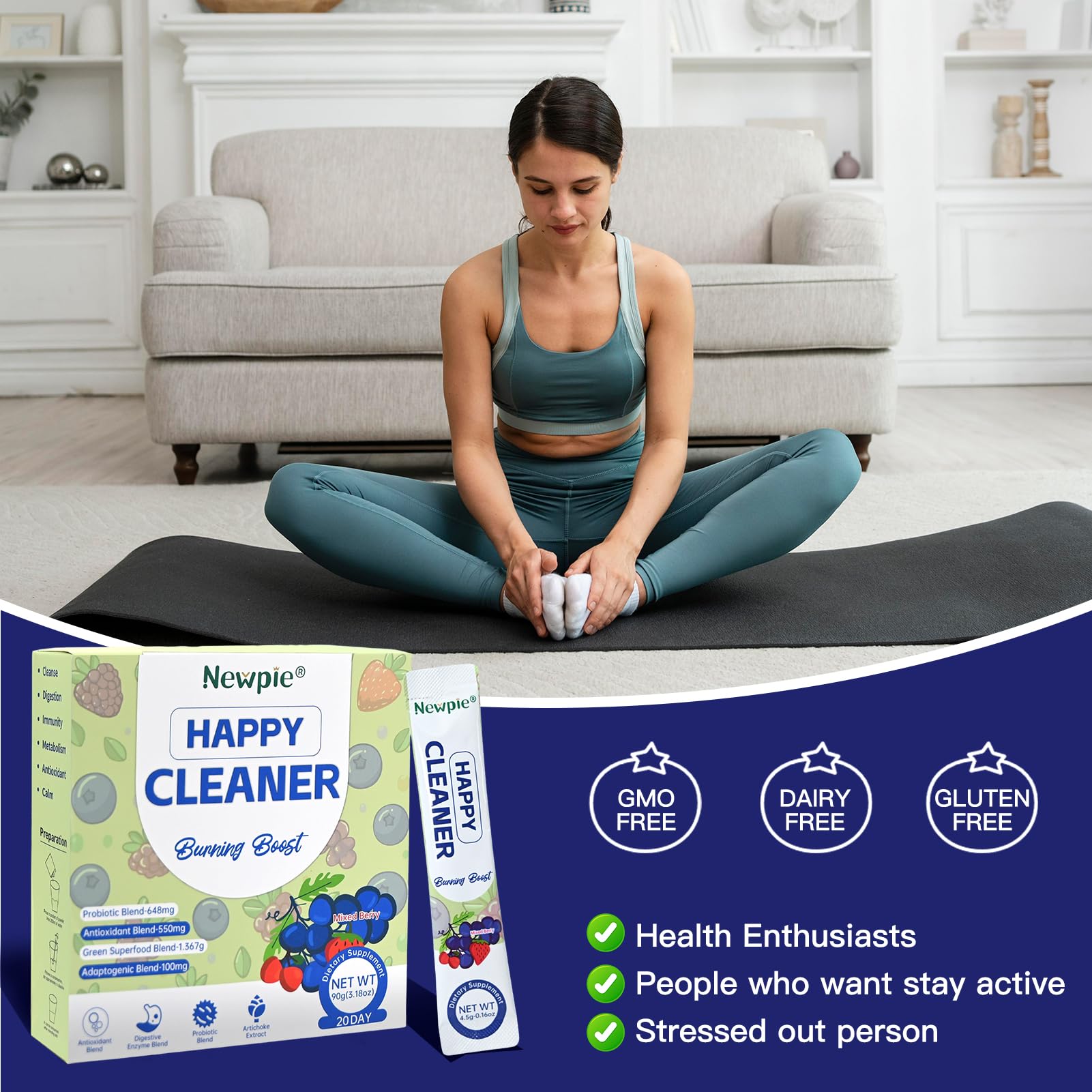 Blltzzz Newpie Happy Cleaner ingredients panel with organic fiber and non-GMO notes
