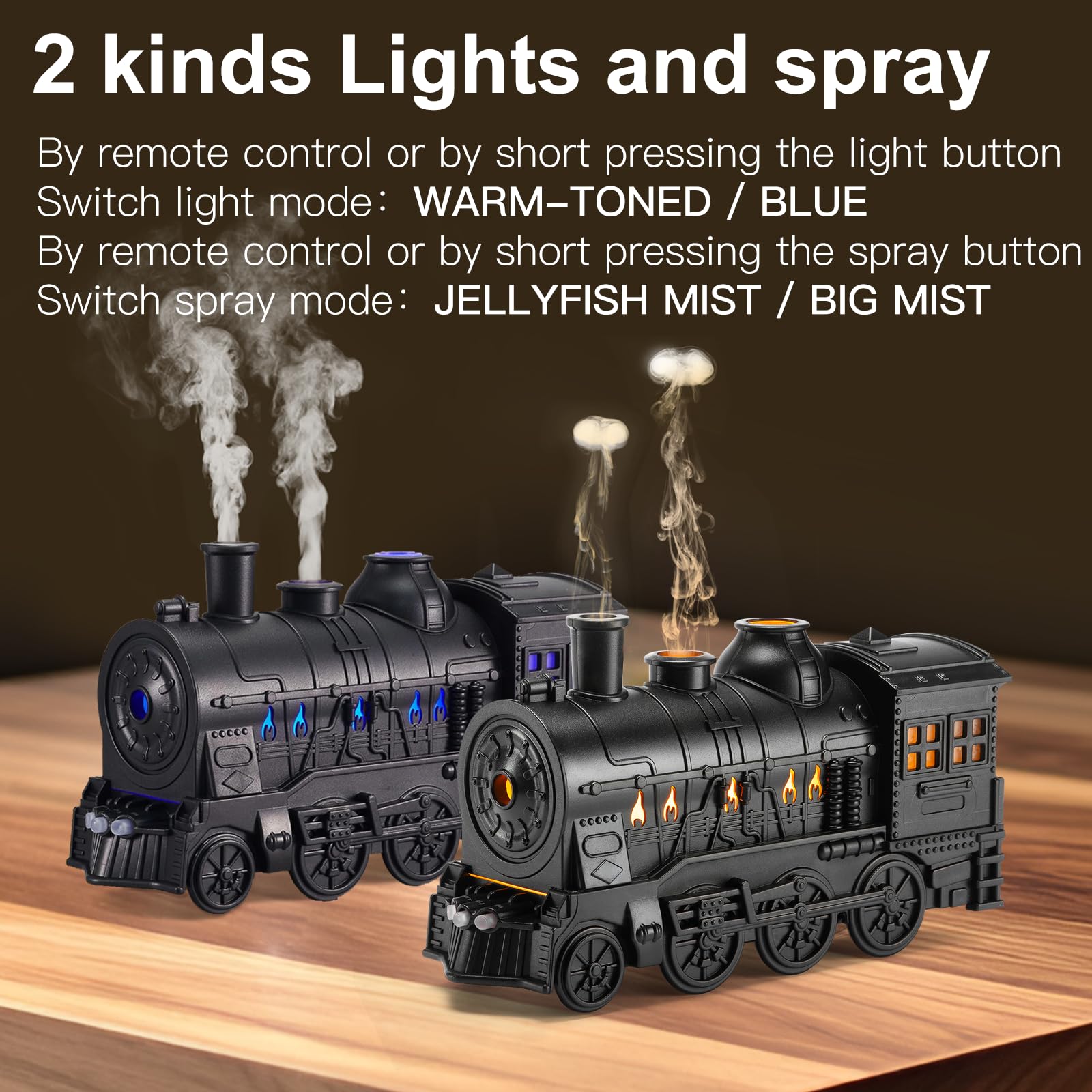 BLOIMP Train Diffuser displaying cool blue and warm flame light modes.