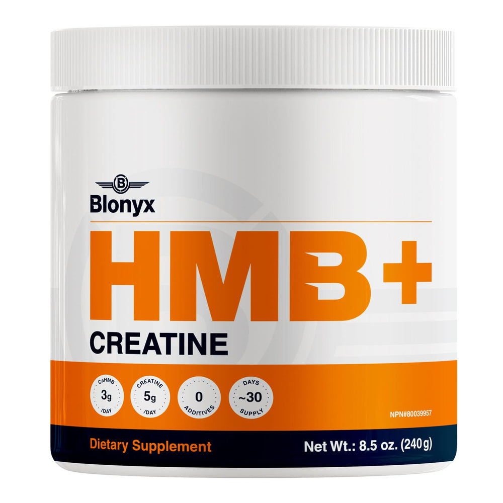 Blonyx HMB+Creatine bottle with clean label signaling purity for training support.