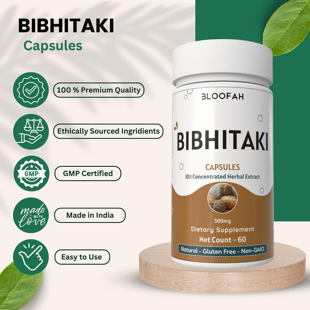 Third-party lab-tested purity label for Bloofah bibhitaki capsules.
