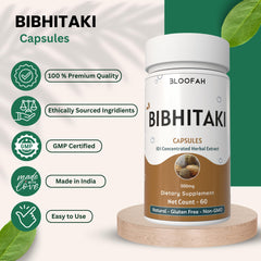 Third-party lab-tested purity label for Bloofah bibhitaki capsules.