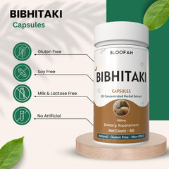 Pure natural Bloofah Bibhitaki capsules shown in bottle.