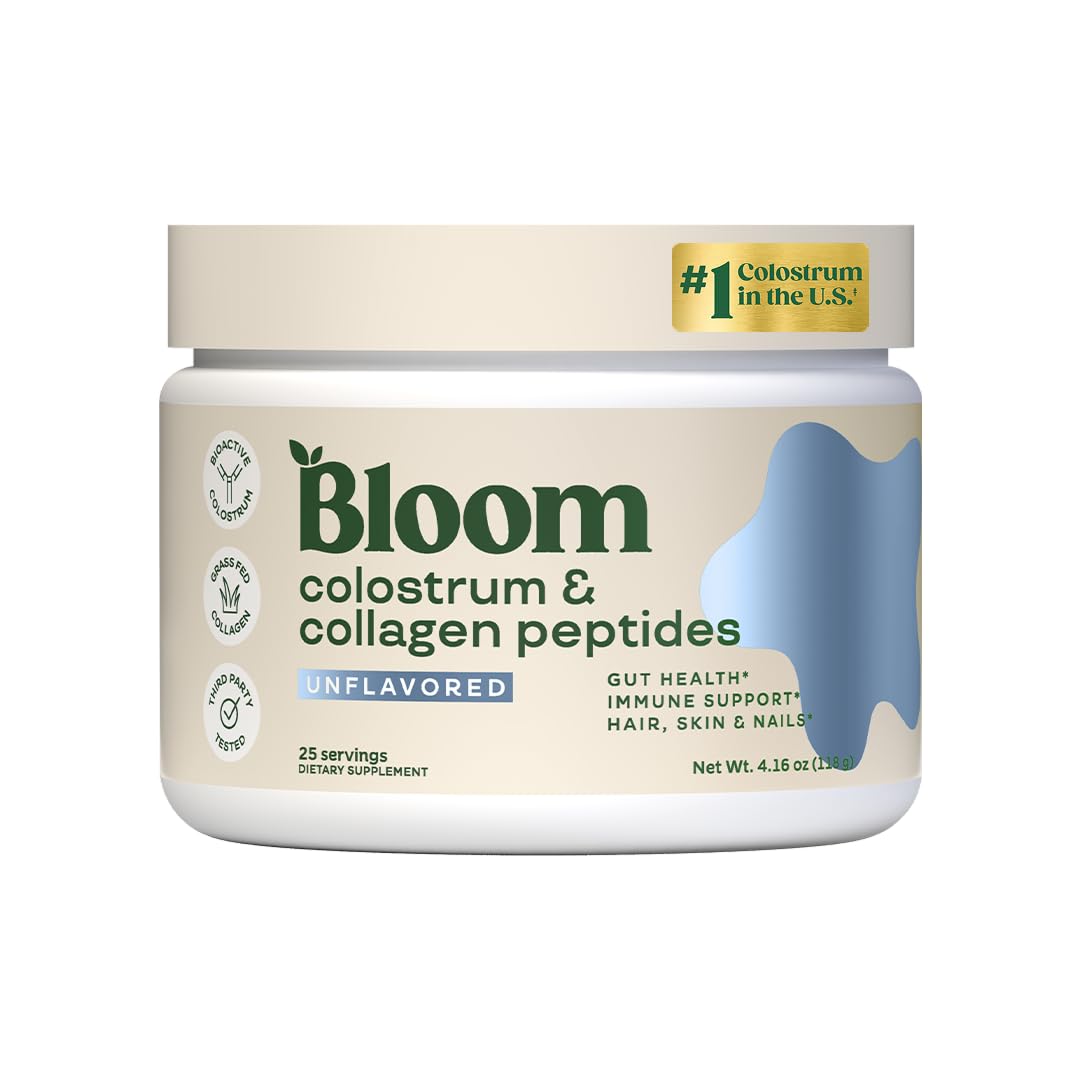 Bloom Nutrition bovine colostrum powder bottle pour showing potential gut health and immune support