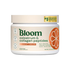Bloom Nutrition bovine colostrum powder front label highlighting orange cream flavor for daily use