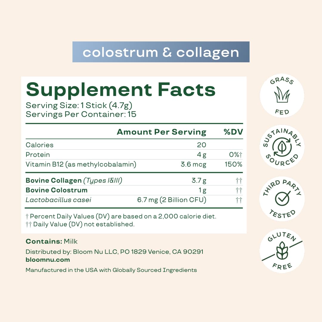 Bloom Nutrition bovine colostrum powder gluten-free label close-up signals dietary compatibility for gluten-free lifestyles.