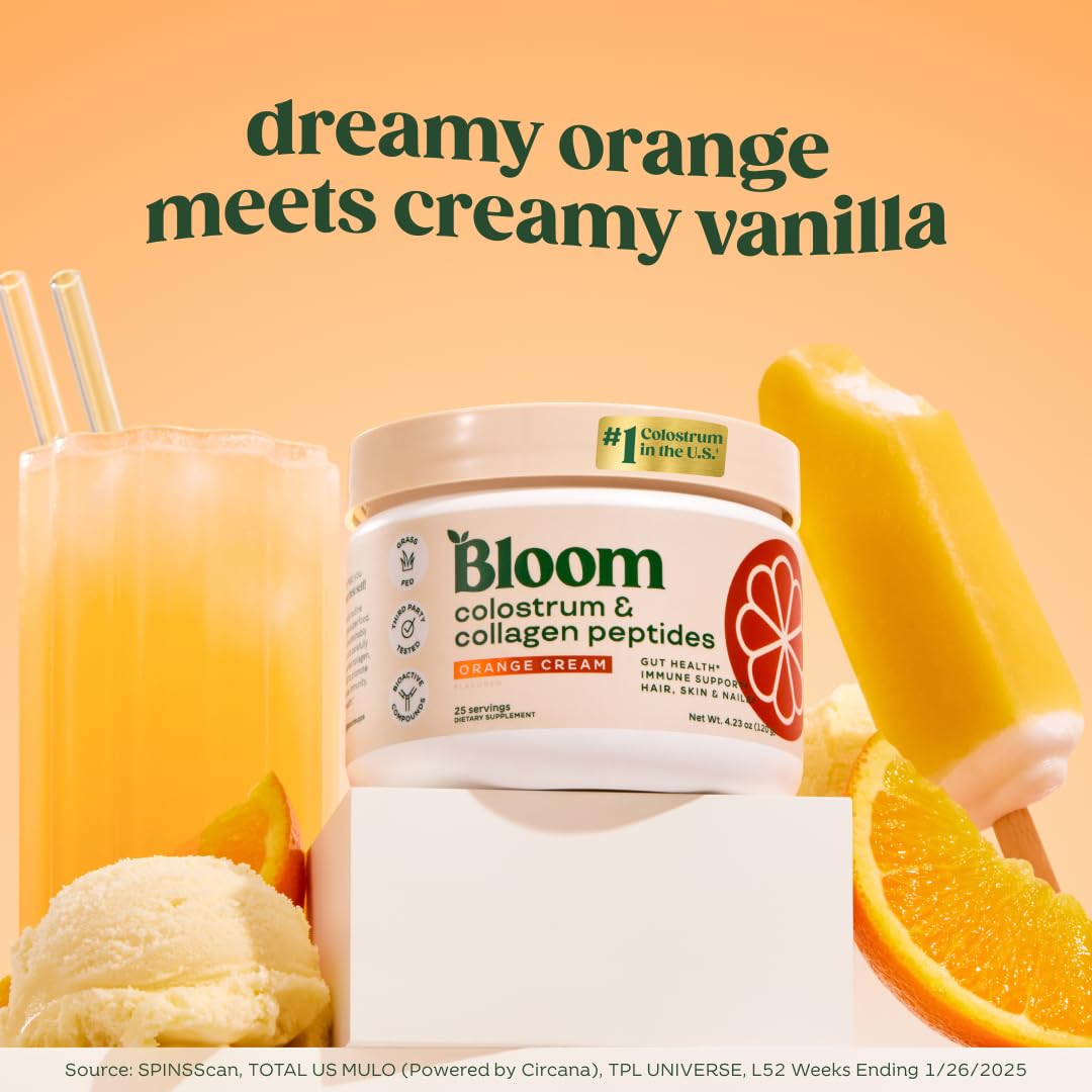 Bloom Nutrition Bovine Colostrum Powder orange cream scoop for easy mixing.