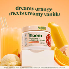 Bloom Nutrition Bovine Colostrum Powder orange cream scoop for easy mixing.