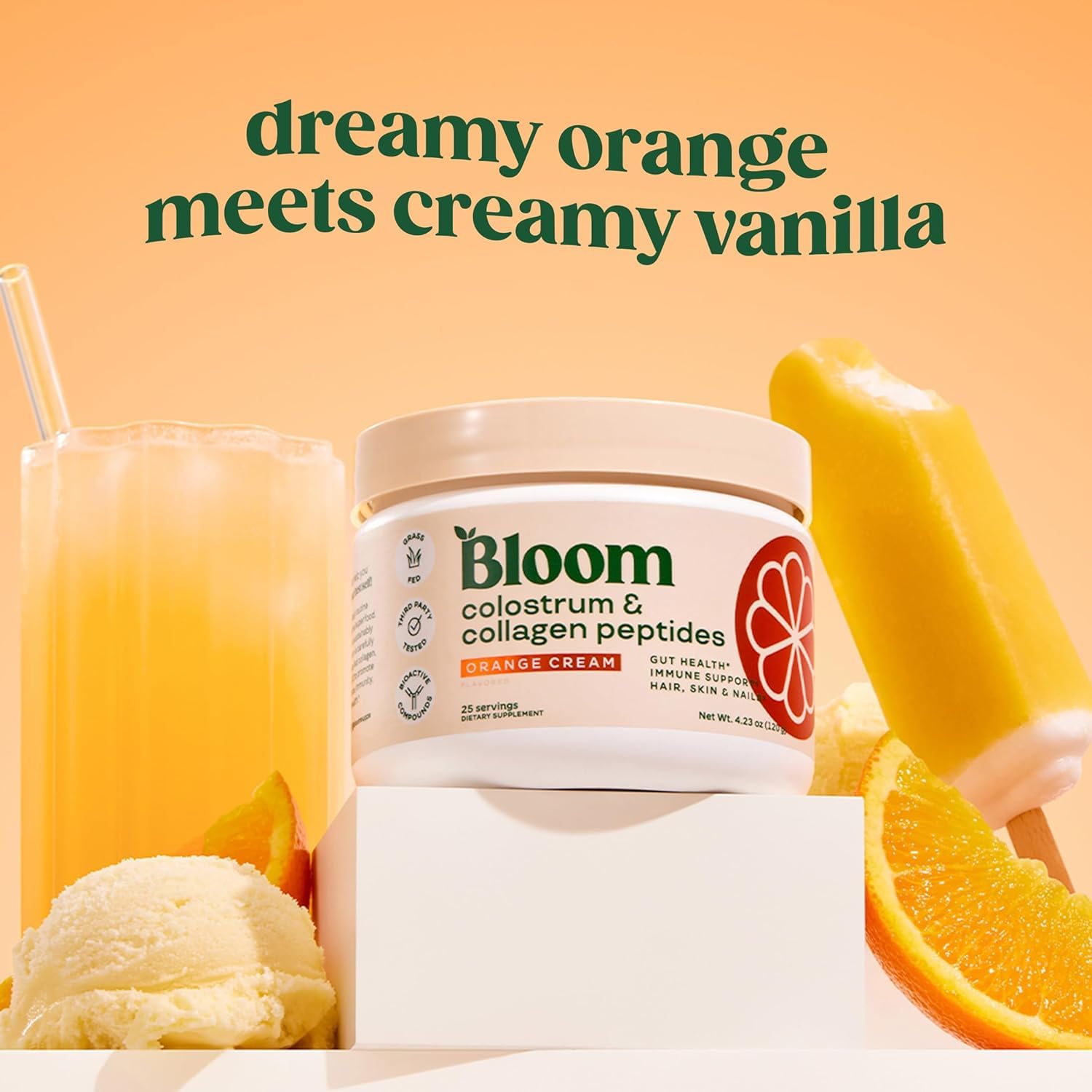 Bloom Nutrition bottle with scoop beside powder ready for easy daily mixing