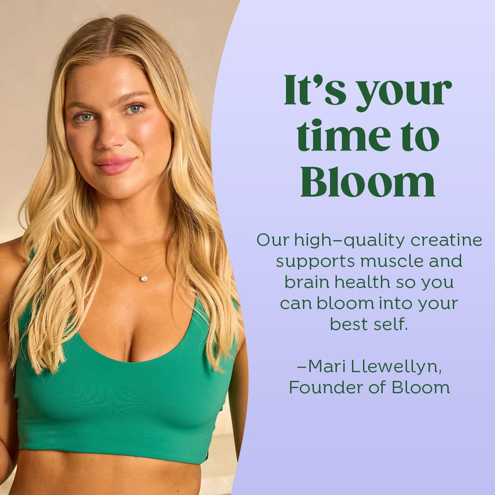 Bloom Nutrition Creatine Monohydrate packaging with Non-GMO badge.