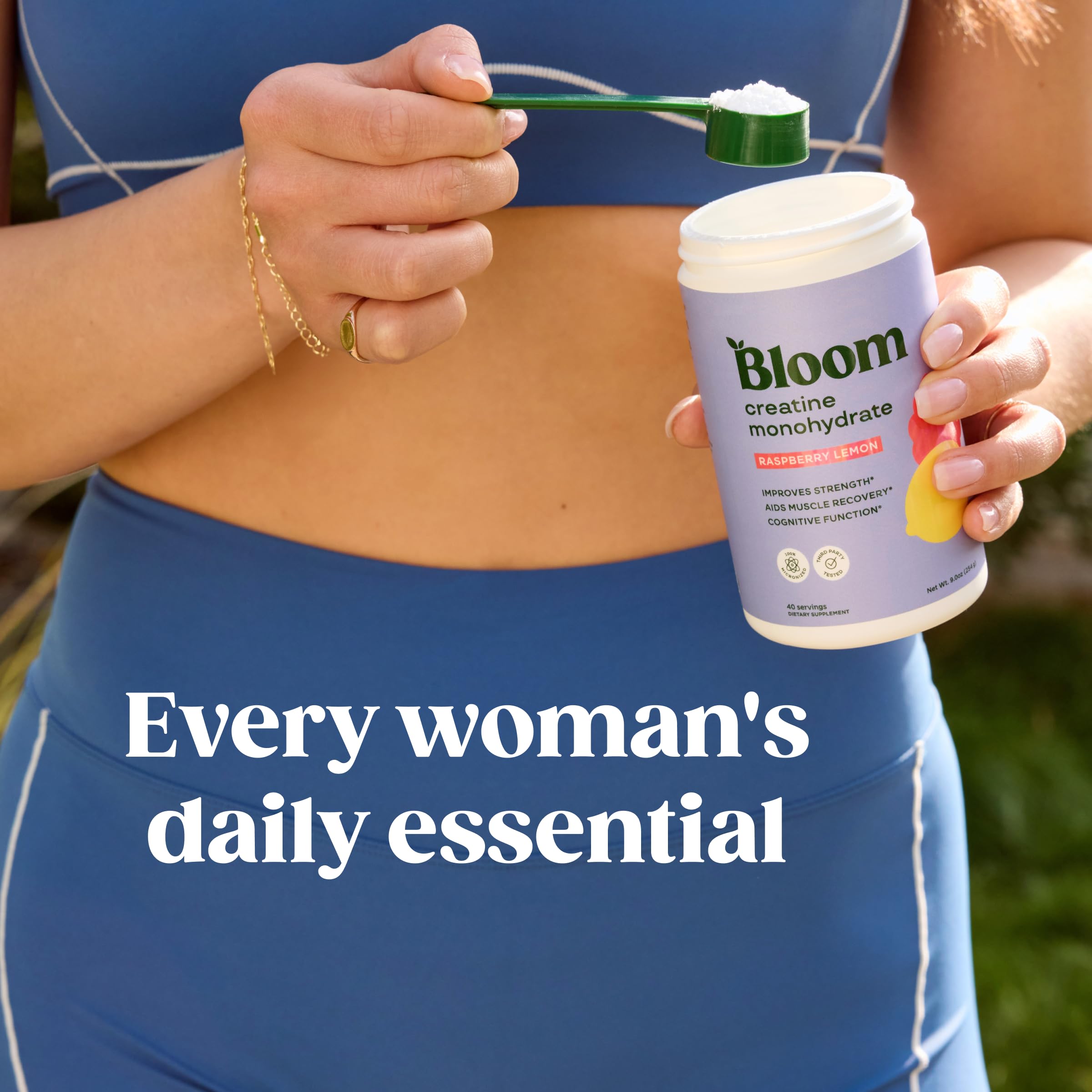 Bloom Nutrition Creatine Monohydrate bottle displayed on kitchen counter.