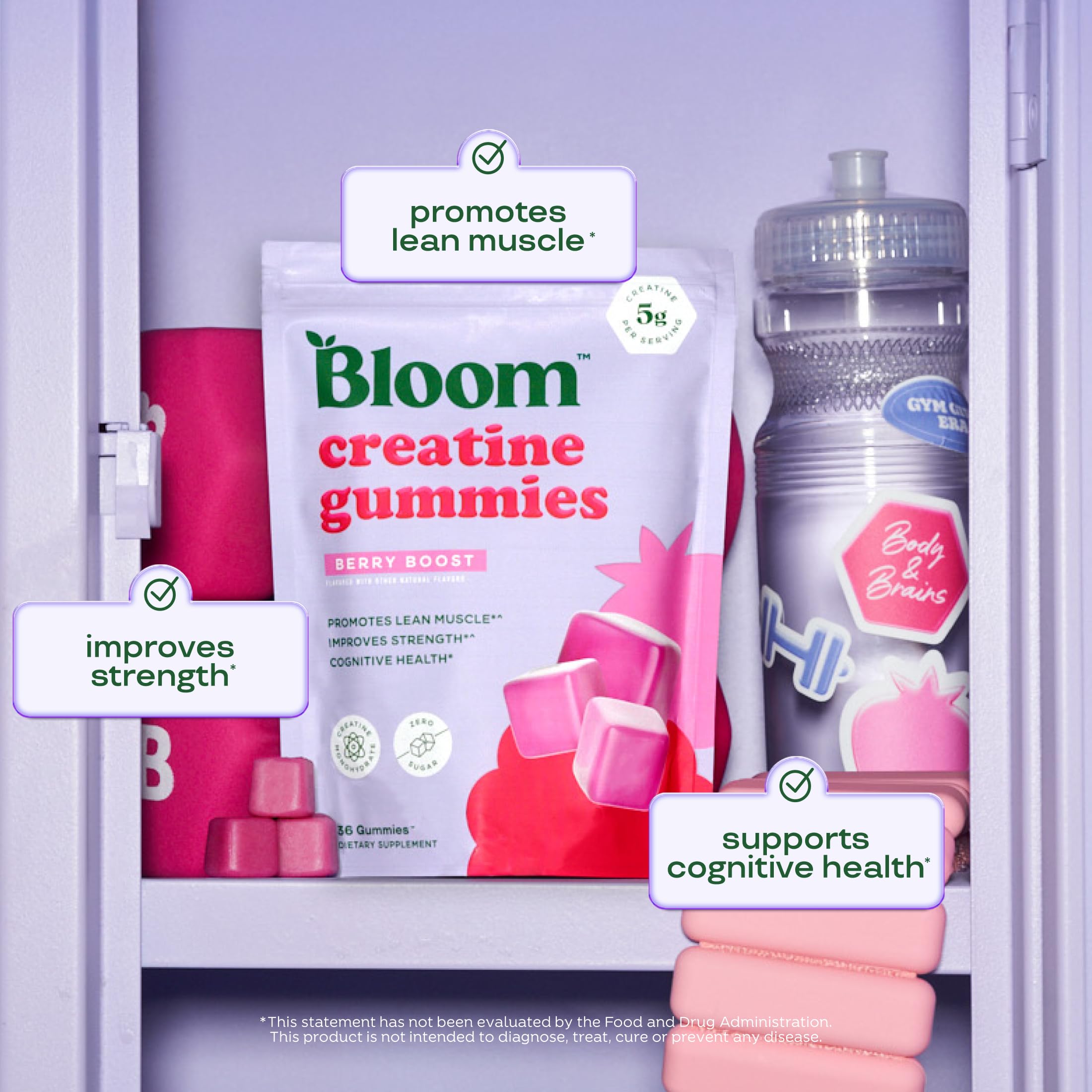 Bloom Nutrition Creatine Gummies Berry Boost flavor visual for enjoyable daily use.