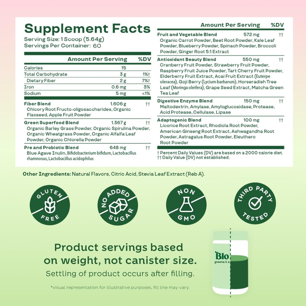 Dairy-free and gluten-free labels on Bloom Nutrition greens powder