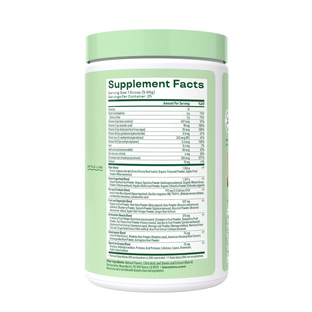 Bloom Nutrition founder-inspired routine shows daily greens shake for wellness support.