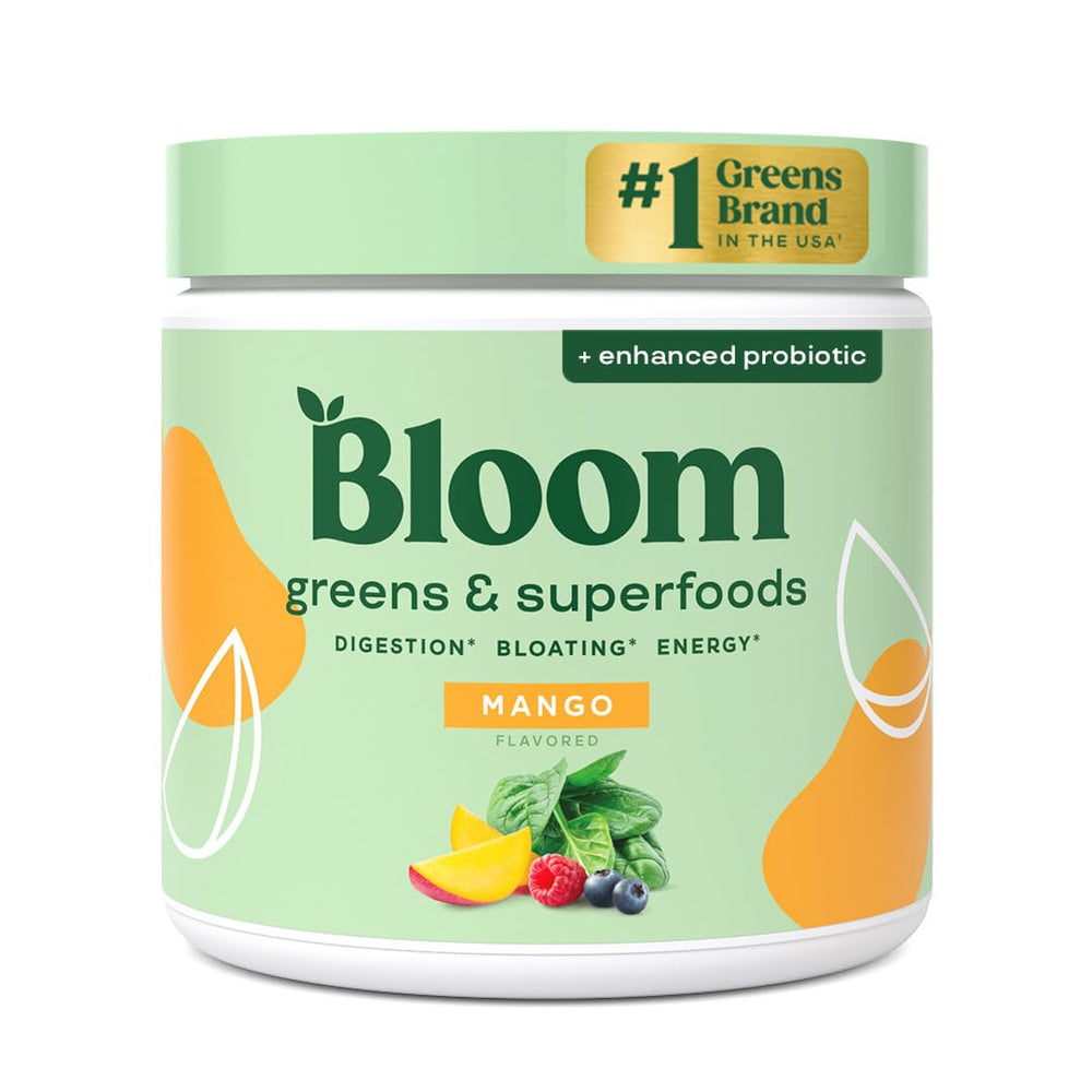 Bloom Nutrition greens powder bottle front highlighting mango flavor for daily wellness.