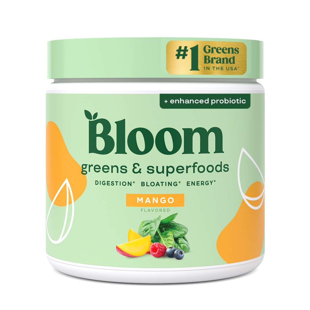 Bloom Nutrition greens powder bottle front highlighting mango flavor for daily wellness.
