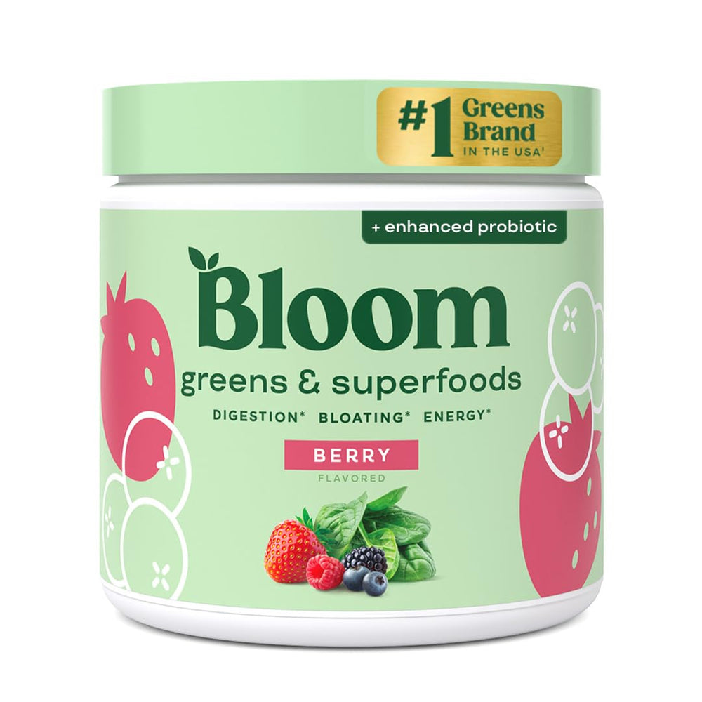 Bloom Nutrition Greens Powder bottle pour for easy daily greens routine.