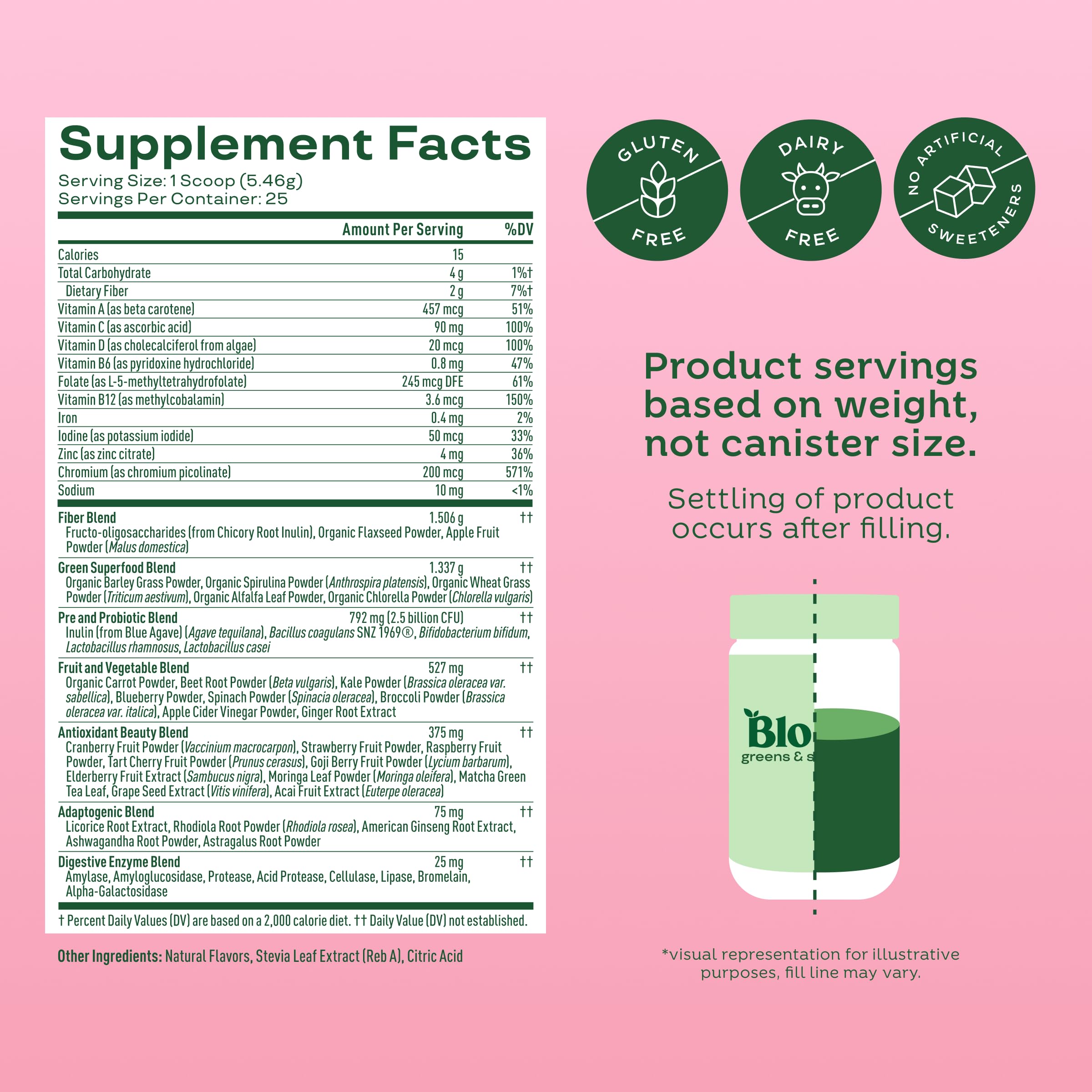 Bloom Nutrition greens powder ingredients close-up highlighting prebiotics and probiotics.