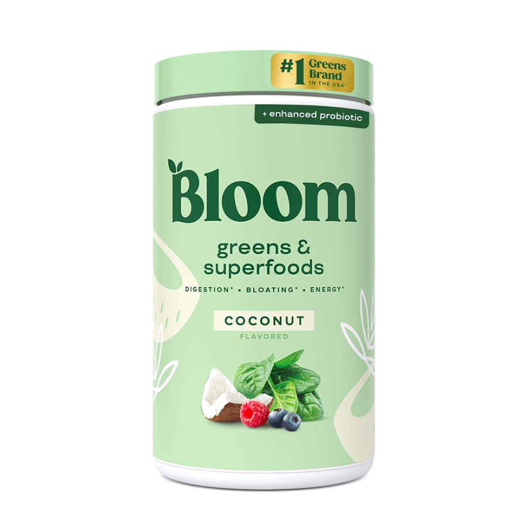 Bloom Nutrition greens powder jar label with 30+ ingredients for daily wellness.