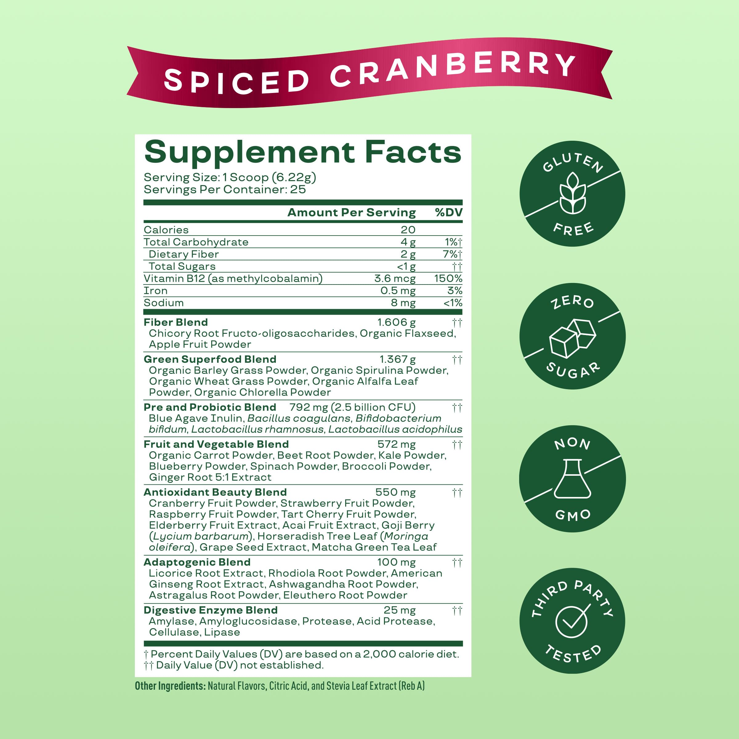 Spiced cranberry Bloom Nutrition greens powder label highlighting flavor and ingredients.
