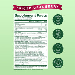 Spiced cranberry Bloom Nutrition greens powder label highlighting flavor and ingredients.