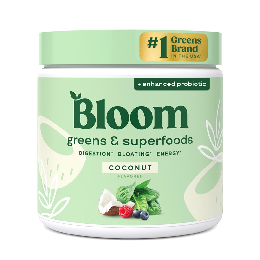 Bloom Nutrition greens powder tub front view for daily nutrition.