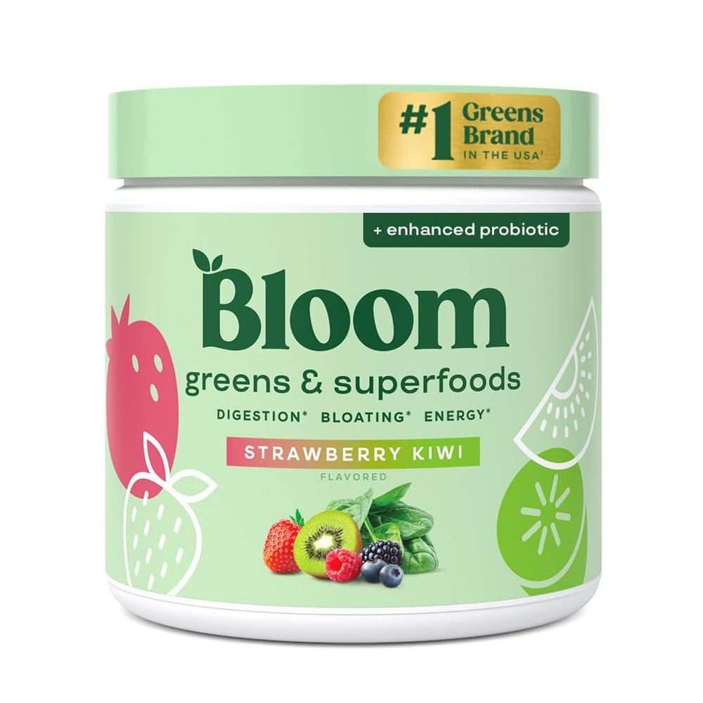 Bloom Nutrition greens powder tub front showing daily wellness benefits
