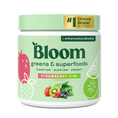 Bloom Nutrition greens powder tub front showing daily wellness benefits
