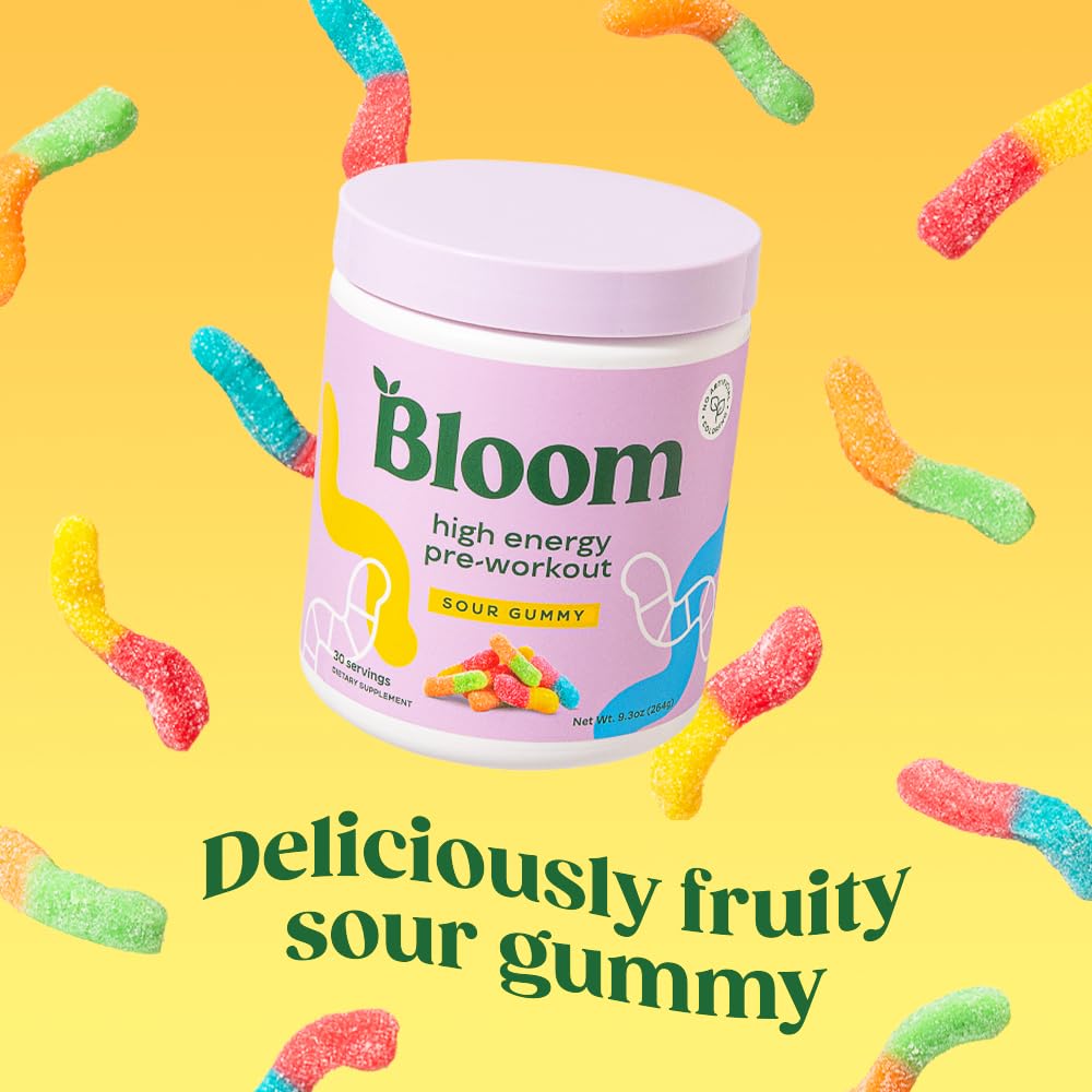 Bloom Nutrition High Energy Pre Workout Blue Raspberry powder shown for dynamic flavor and quick lift.